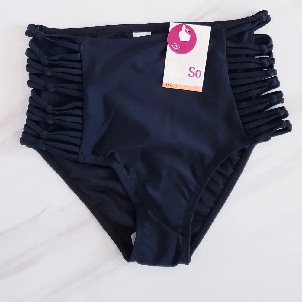 SO Juniors High Waist Knotted Side Bikini Bottom Size XS Black Side Detail Lined